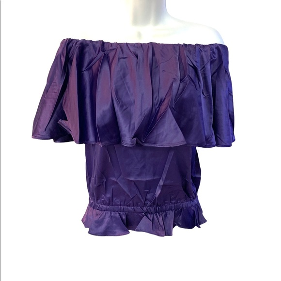 Rachel Lym PURPLE Resort Top Stretch Satin Swim Coverup Ruffle Off Shoulder - Picture 2 of 12